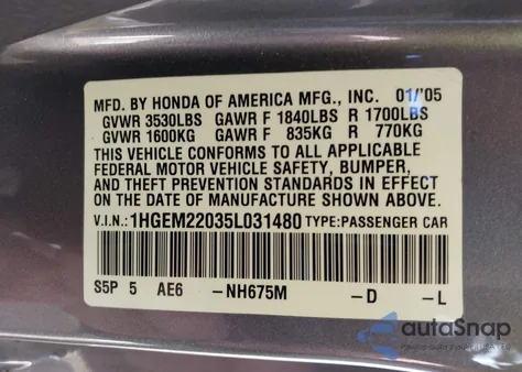 2005 Honda Civic Ex from USA, damaged, VIN 1HGEM22035L031480